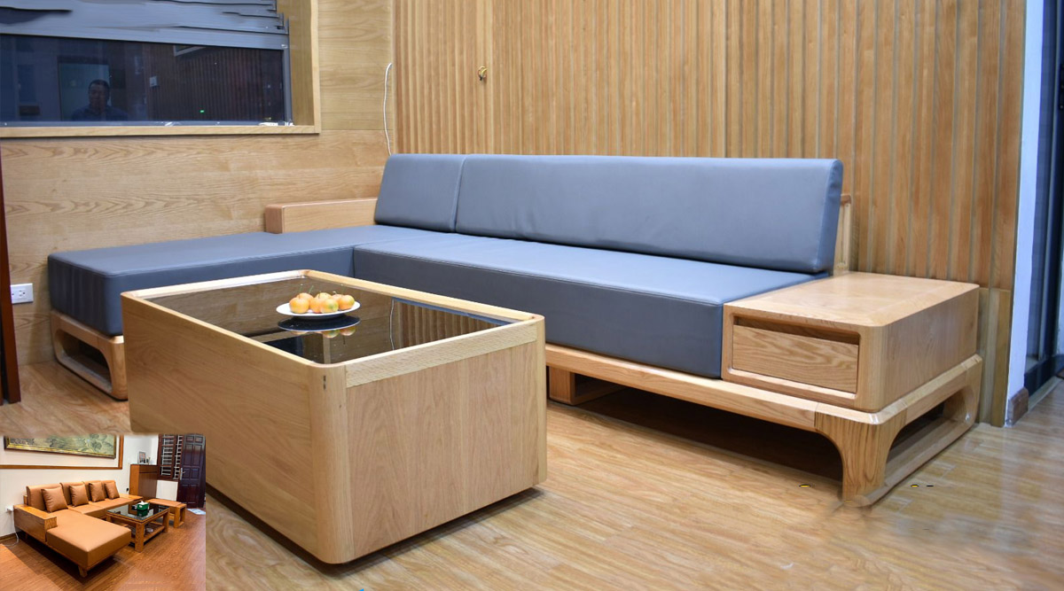 Sofa gỗ Sồi đẹp góc chữ L thêm phần đệm mút