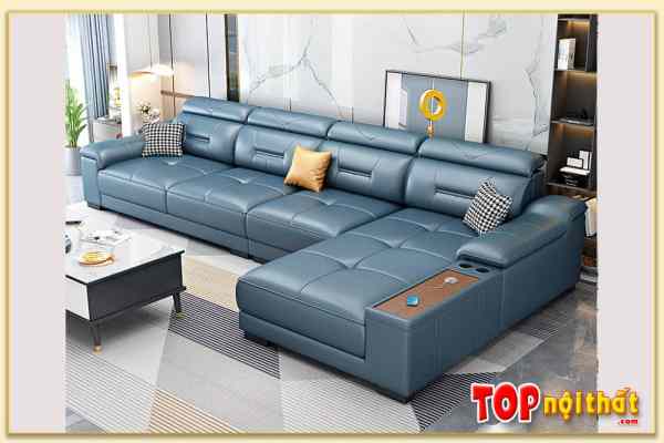 Mẫu sofa phòng khách da góc chữ L màu xanh cổ vịt SofTop-0723
