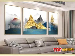 Tranh tráng gương 3D núi vàng 3 tấm treo tường hiện đại TraTop-3322