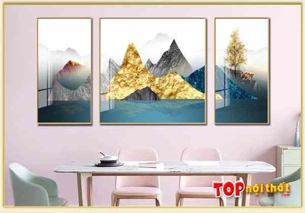 Tranh tráng gương 3D núi vàng 3 tấm treo tường phòng ăn TraTop-3322