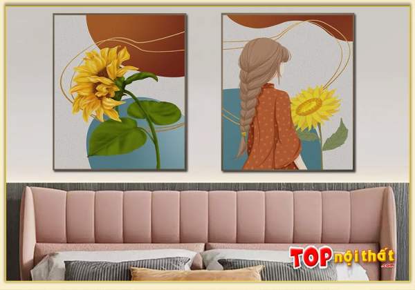 Tranh tráng gương cô gái và hoa hướng dương treo phòng ngủ TraTop-3359