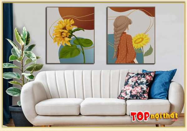 Tranh tráng gương cô gái và hoa hướng dương treo trên ghế sofa văng TraTop-3359