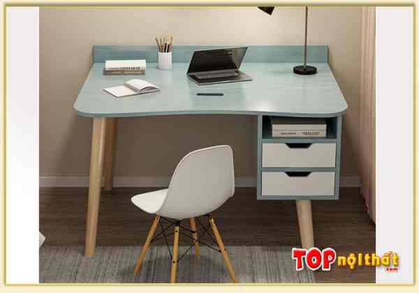 Hình ảnh Bàn học và bàn làm việc chân gỗ 2 ngăn kéo màu xanh BHTop-0203