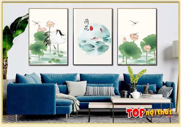 Mẫu tranh tráng gương hoa sen Trung Quốc trên sofa TraTop-3119