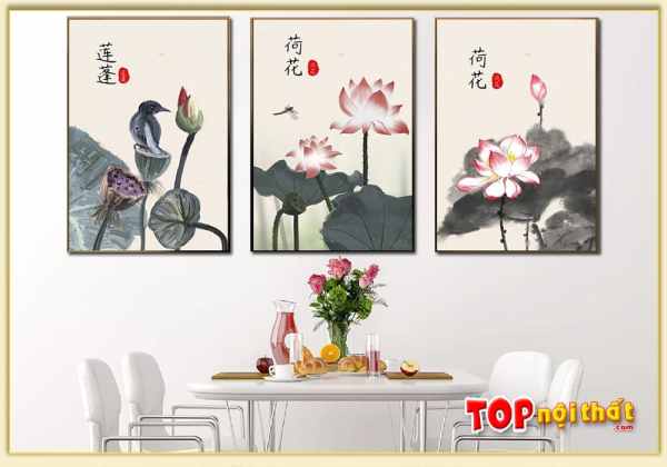 Bức tranh tráng gương hoa sen thuỷ mặc 3 tấm phòng ăn TraTop-3156