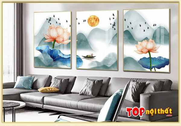 Mẫu tranh tráng gương hoa sen và đàn chim én treo trên sofa TraTop-3157