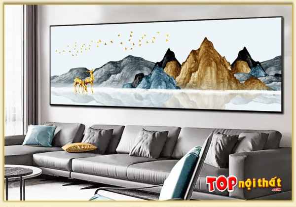 Tranh tráng gương pha lê núi vàng khổ lớn treo trên sofa da góc L TraTop-3341