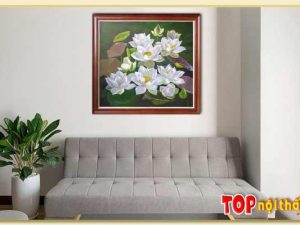 Hình ảnh Tranh vẽ sơn dầu hoa sen trắng khổ vuông TraSdTop-0359