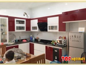 Hình ảnh Tủ bếp đẹp chữ L màu trắng phối đỏ mận sang trọng TBTop-0041